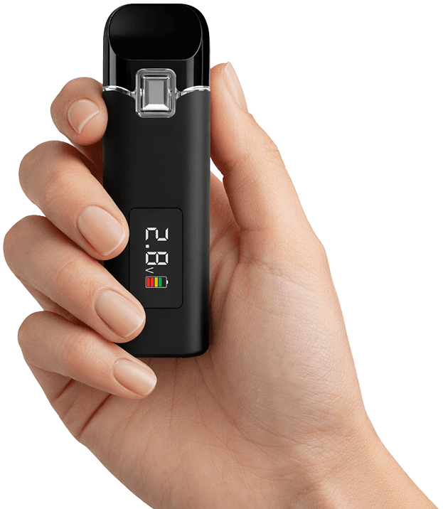 Hand holding Bell Plus disposable vape pen with LED screen display