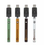 Bear Rootz lotus twist batteries in a group. Green, light brown, dark brown, and white with the Bear Rootz logo