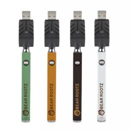 Bear Rootz lotus twist batteries in a group. Green, light brown, dark brown, and white with the Bear Rootz logo