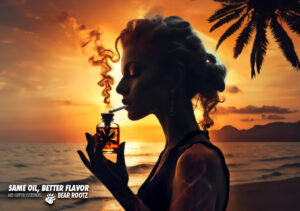 Woman on beach at dusk, smoking and holding jar with cannabis oil and marijuana leaf inside
